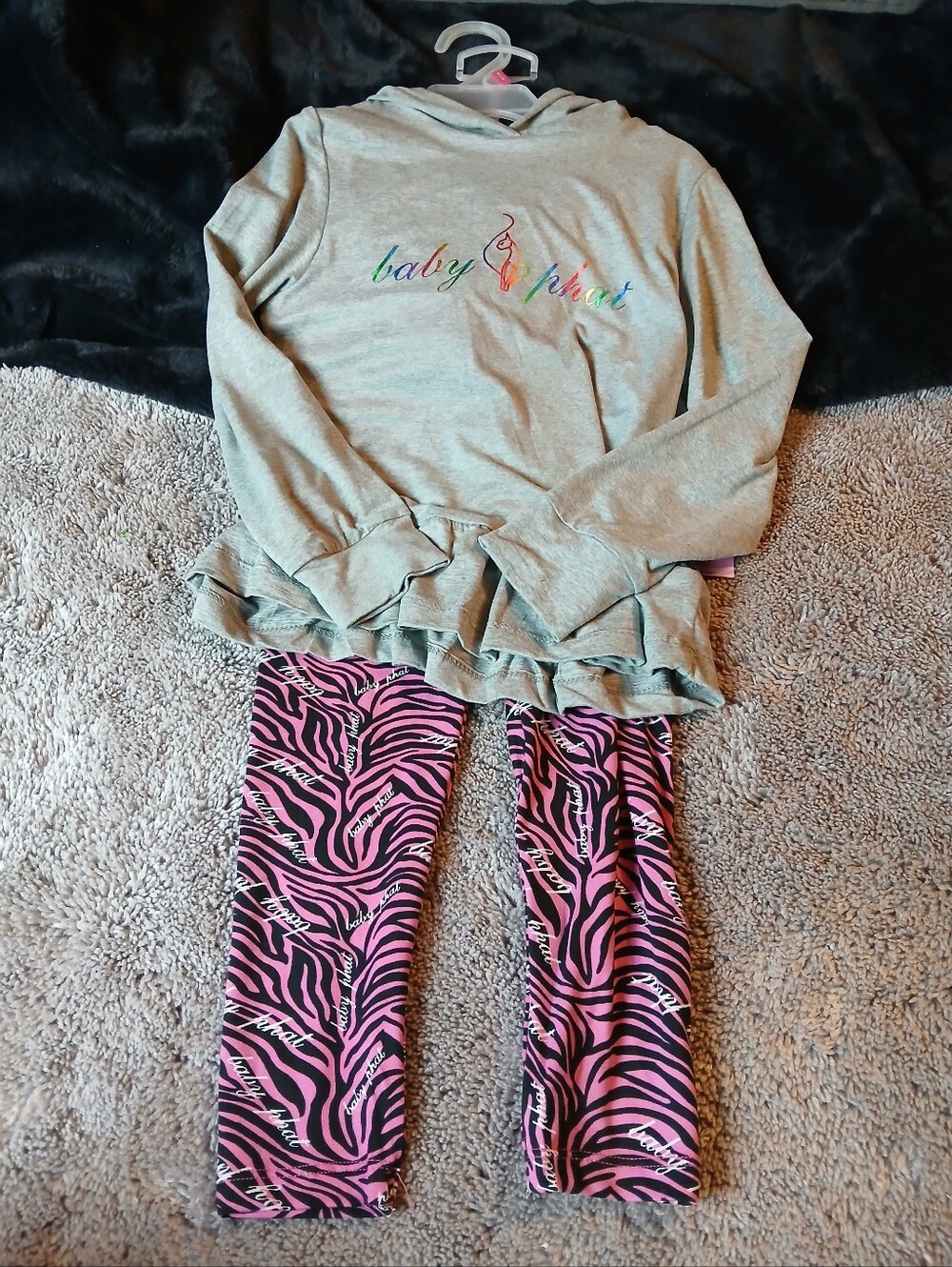 Baby Phat Girls NWT Gray Rainbow Logo Hoodie & Pink Zebra Leggings Set Size 5/6